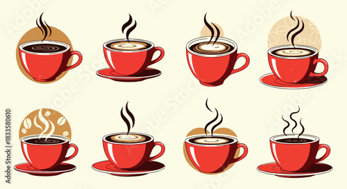 Hot coffee cups with steam in various styles