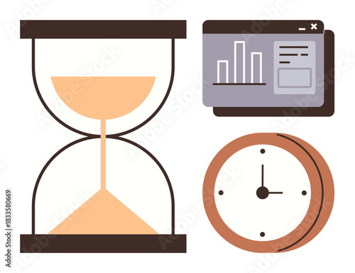 Hourglass, analog clock, and analytics dashboard representing time, efficiency, productivity, deadlines, planning, prioritization and organization. Ideal for business time strategies work-life