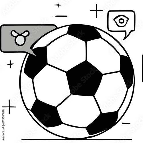 Whimsical Cartoon Soccer Ball With Playful Thought Bubbles And Simple Icons On Black Background Represents Fun And Imagination In Sports