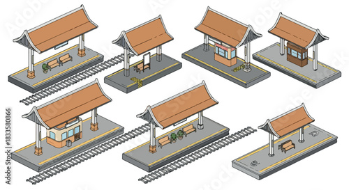 Train station platforms with roofs and benches