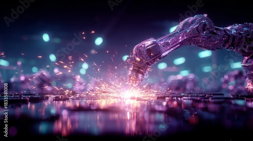 Sparks fly from an automated welding robot arm in a futuristic factory showcasing innovation and ai technology in business automation
