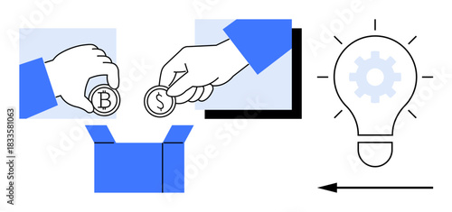 Cryptocurrency concept. Bitcoin and dollar coins being deposited into a box financial investment and innovation. Cryptocurrency driving innovation and growth. For fintech, blockchain innovation