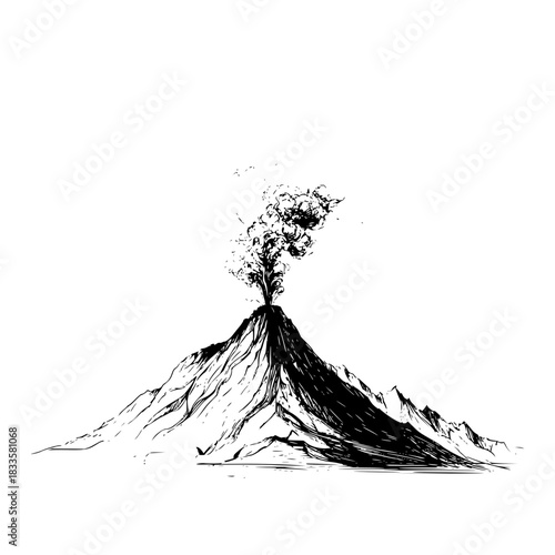 Volcanic eruption with smoke and ash in black and white artistic rendering illustration style
