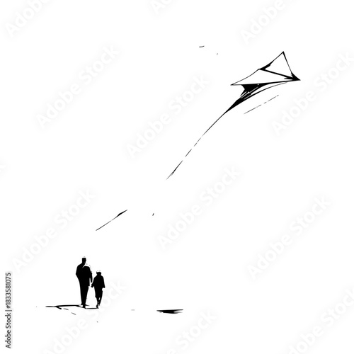 A father and child flying a kite on a bright day with a minimalist style illustration of joy and love