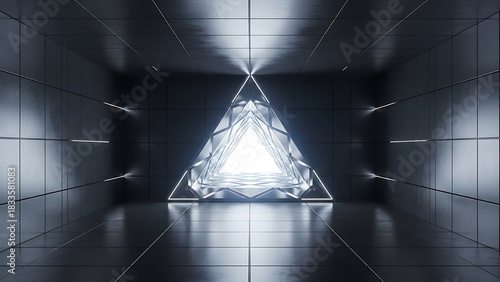 Fototapeta Naklejka Na Ścianę i Meble -  Empty square room with Abstract Triangle Spaceship corridor. Futuristic tunnel with light. Future interior background