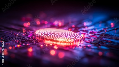 Illuminating the future a glowing neon fingerprint on dark glass exploring business innovation in automation and generative ai technologies