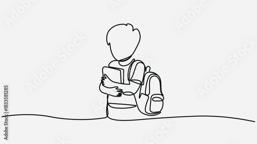 School Boy Holding Books Line Art