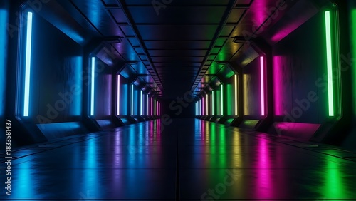 Sci fi neon glowing lamps in a dark corridor. Reflections on the floor and walls. Empty background in the center.