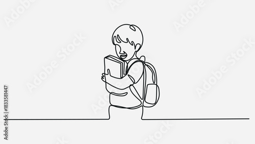 School Boy Holding Books Line Art