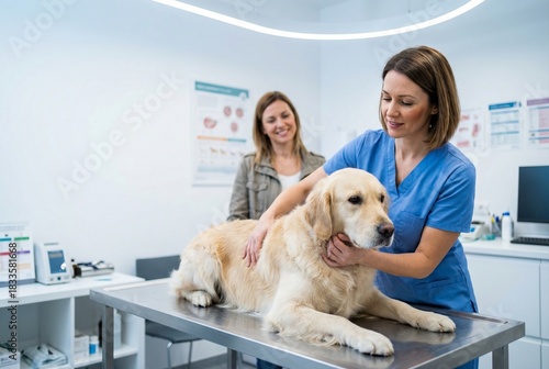 Compassionate Female Veterinarian Examining Golden Retriever in Clinic