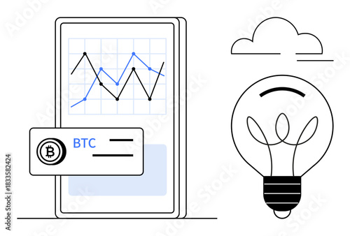Cryptocurrency, fintech, blockchain technology, digital investments, innovation, financial trends. Bitcoin chart on smartphone with lightbulb and cloud. Cryptocurrency and fintech theme
