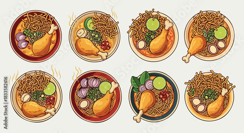 Noodle soup with chicken leg in bowls