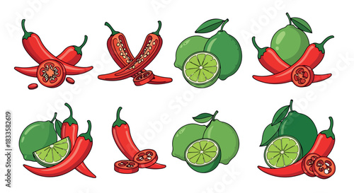 Chili peppers and limes with transparent background