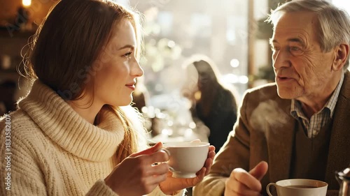 Young woman and elderly man enjoying coffee together in a cafe.