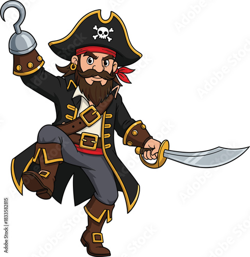 Swashbuckling Pirate Captain Cartoon Character Holding a Cutlass Sword and Hook Hand Ready for Adventure or Battle Posing Fiercely Vector Illustration Isolated White