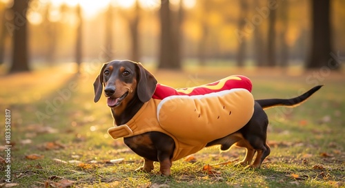Photorealistic Dachshund Wearing Plush Hot-Dog Costume — Cute Pet Portrait