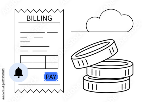 Online payments, digital finances, cloud storage, billing systems, financial technology, e-receipts. A billing receipt with a notification icon, coins and a cloud. Online payments and digital