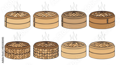 Stacked bamboo steamers with steam, food preparation