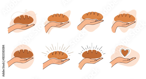 Hands holding bread line art set