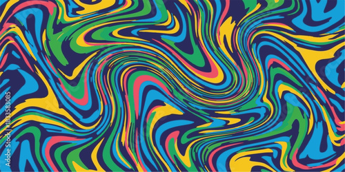 Abstract colorful seamless pattern vector illustration with psychedelic swirl waves, retro line art design, and green, yellow, purple, orange color texture backdrop