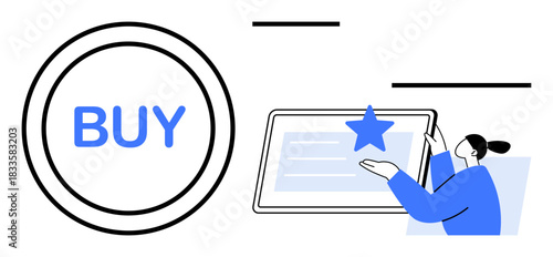E-commerce, digital transactions, customer experience, online retail, buying process, user interaction. Large Buy button and person engaging with a tablet. E-commerce and digital transactions concept