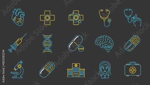 Medical Icons on Dark Backdrop: A comprehensive collection of medical and healthcare icons, depicted in a modern, illustrative style against a dark backdrop, perfect for design needs.