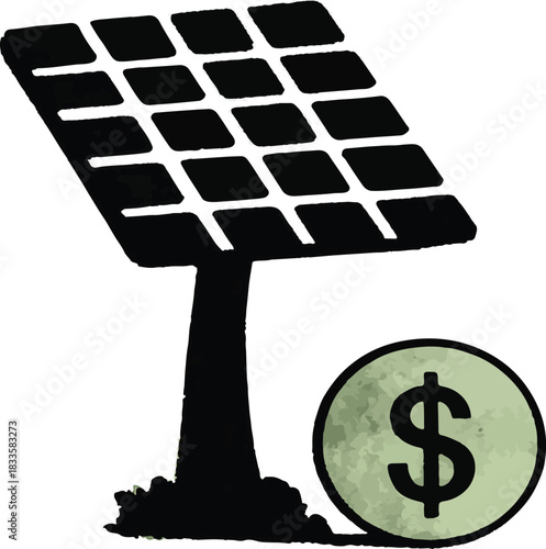 Silhouette of a solar panel with a dollar sign coin representing energy cost savings