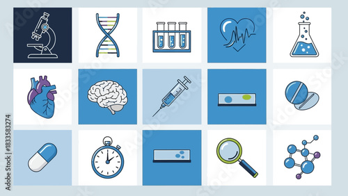 Science and Medicine Icons: A collection of various icons related to science and medicine, visually representing concepts like biology, genetics, and health.