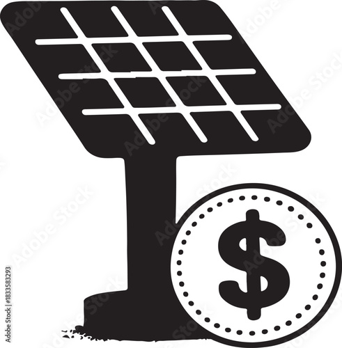 Solar panel icon with a dollar coin symbolizing renewable energy cost savings