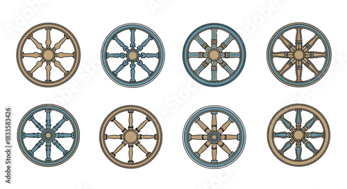 Antique wagon wheels in various colors