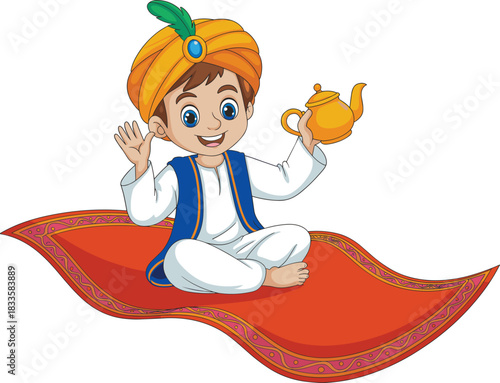 Happy Aladdin Cartoon Boy Character Holding a Magic Lamp and Flying on a Red Carpet, Representing Fairy Tales, Fantasy, Wish, and Arabian Adventure Concept