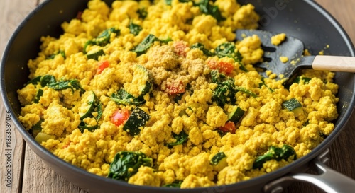 Scrumptious, vibrant yellow tofu scramble is cooked in a pan with spinach, zucchini, and bell peppers.