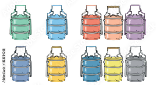 Colorful stacked lunchboxes set with transparent background