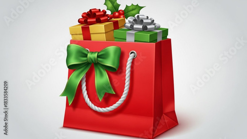 A vibrant red gift bag overflowing with festive christmas presents adorned with colorful ribbons and a sprig of holly perfect for holiday shopping and celebrations