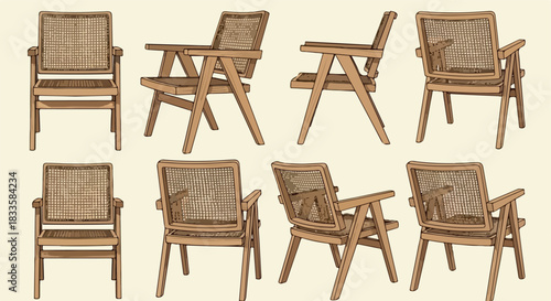Wooden chairs with woven seats in various views