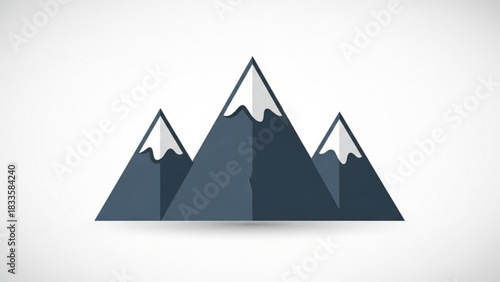 Stylized flat design illustration of three dark blue mountains with snow capped peaks against a clean white background with subtle shadow