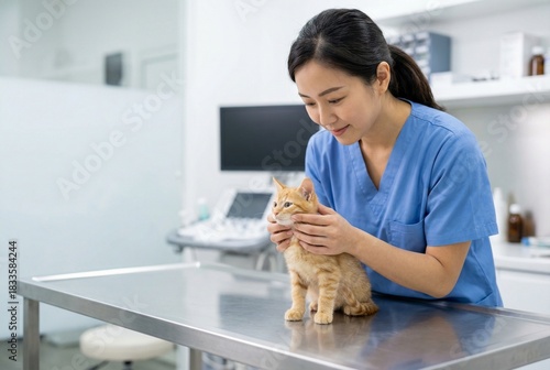 Compassionate Asian Female Veterinarian Examining Kitten in Clinic