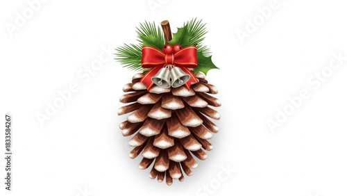 A festive pinecone decorated with a red bow silver bells holly leaves and pine needles symbolizing the holiday season and winter