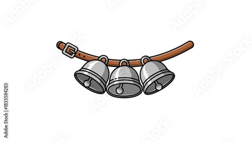 A simple cartoon illustration of a brown leather collar with a silver buckle and three silver jingle bells hanging from it on a white background