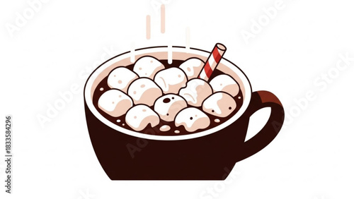 A steaming mug of hot chocolate overflowing with fluffy marshmallows and a festive striped straw perfect for cozy winter days and sweet beverage illustrations