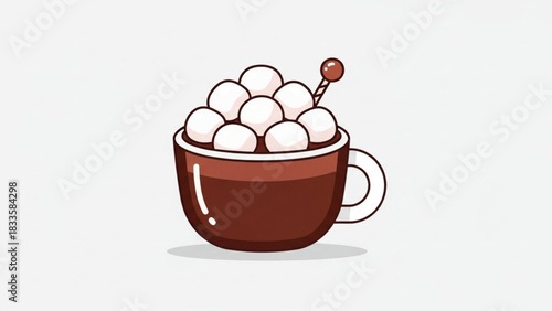 A charming cartoon illustration of a steaming mug filled with fluffy marshmallows and a festive stirrer perfect for winter or holiday themes