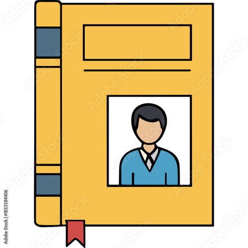 Yellow Hardcover Book Featuring a Portrait of a Man in a Blue Sweater and White Collar Shirt Open to a Page with a Red Bookmark Detailed Vector Illustration on a White Background