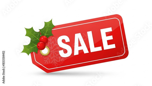Red sale tag with holly and snowflake decoration for christmas promotions and holiday shopping discounts