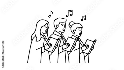 A diverse group of three people two women and one man are depicted in a simple line drawing style singing together from songbooks with musical notes floating above them