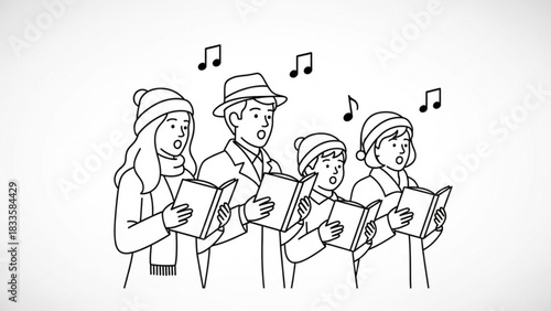 A family of four dressed in winter clothing sings carols together from open books with musical notes floating above their heads representing a festive holiday gathering