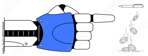 Artificial intelligence, robotics, finance automation, future technology, digital payments, precision tools. Robotic hand pointing at a pen and falling coins. Finance automation and AI technology