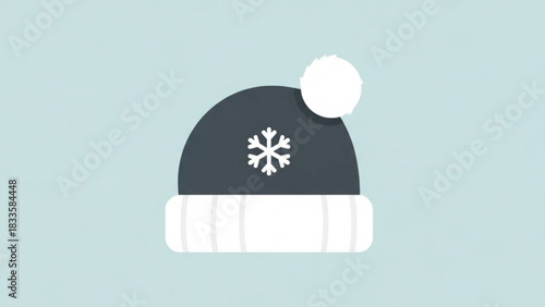 A simple modern flat design illustration of a dark grey winter beanie with a white pom pom and a white snowflake emblem on a light blue background