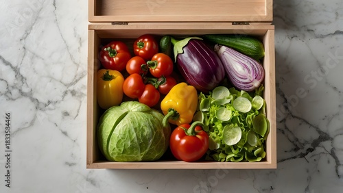Fresh Organic Vegetables in a Wooden Box – Top View of Colorful Healthy Produce