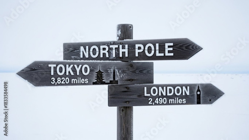 Wooden directional signpost in a snowy landscape pointing towards the north pole tokyo and london with distances indicated