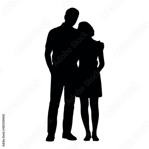 Silhouette of a loving couple embracing standing on white background.